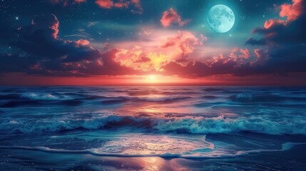 Fototapeta premium Stunning tropical beach with a starry night, full moon, and clouds in the sky. The sparkling turquoise water provides a romantic ocean view for a summer beach escape 