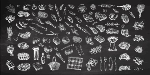 Set of hand-drawn sketches of barbecue and picnic elements, meat. For the design of the menu of restaurants, grilled food. Doodle vintage illustration. Engraved image on chalkboard background.