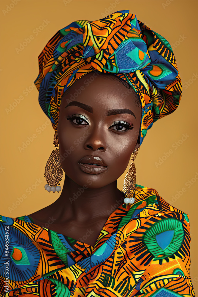 Poster black African woman in her twenties wearing African attire 