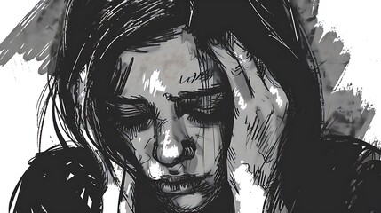 A black and white illustration of a woman with her head in her hands, showing sadness and despair.