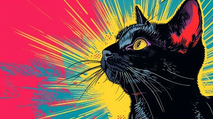 A black cat with yellow eyes stares up against a vibrant, abstract background of pink, blue, and yellow.