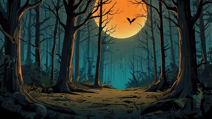 illustration of a beautiful view in the middle of a spooky forest for background wallpaper