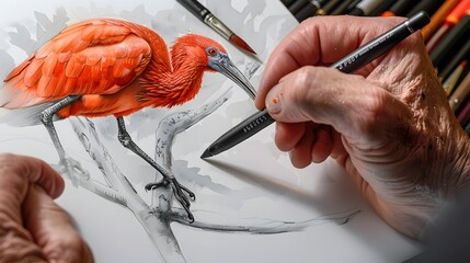 Meticulous Ornithologist Sketching a Rare Scarlet Ibis in Vivid Watercolor