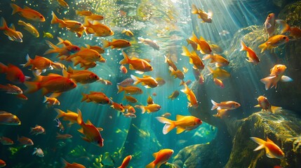 Vibrant School of Fishes Swiftly Darting Through Crystal Clear Underwater Spectacle