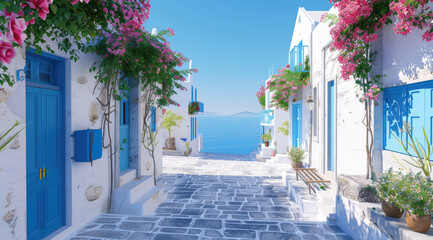cozy Greek village, white buildings with blue doors and windows overlooking the sea, lots of flowers in pots on balconies, stone paths and wooden furniture