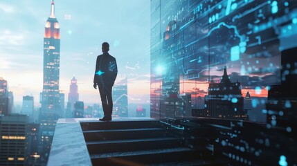 Obraz premium Businessman on concrete stairs, New York skyscrapers and forex trading hologram