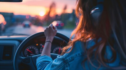 Young woman changes the radio station while driving at sunset, capturing the essence of a serene evening commute