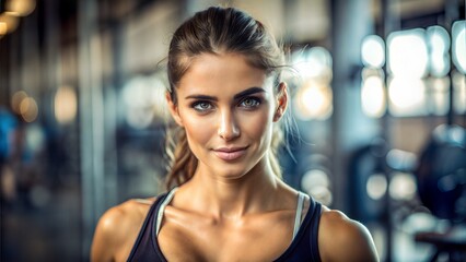 Fototapeta premium close up a muscular young woman posing for the camera with blurred gym background, realistic, portrait, soft smiley and copy space
