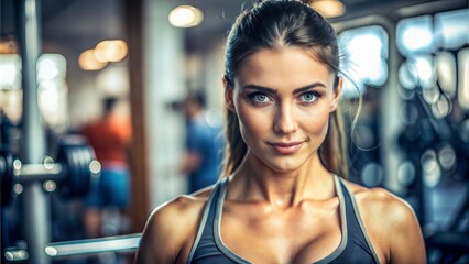 Fototapeta premium close up a muscular young woman posing for the camera with blurred gym background, realistic, portrait, soft smiley and copy space