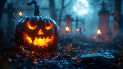 Fototapeta premium Sinister Jack o Lantern Mask in Foggy Graveyard under Haunting Full Moon