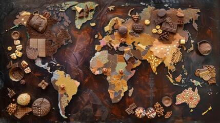 Chocolate and candy world map in an artistic style, showcasing continents made of various sweets and chocolates on a dark background.