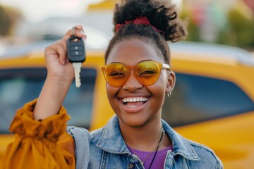 Joyful young woman smiles brightly, proudly holding up her new car key with a yellow car in the background