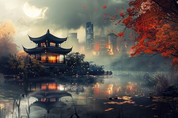 Obraz premium At night, pagodas and pavilions in the city, illustrations