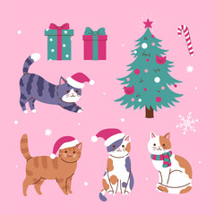 Set of cute Christmas cats, Christmas tree, gifts. Vector graphics.