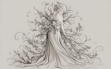 Black and White Beautiful Line Art Floral Woman