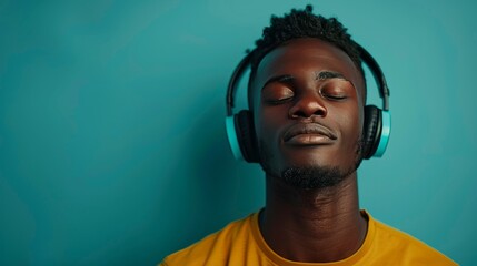 A young man wearing headphones enjoys music with eyes closed, relaxed, and serene against a blue background.