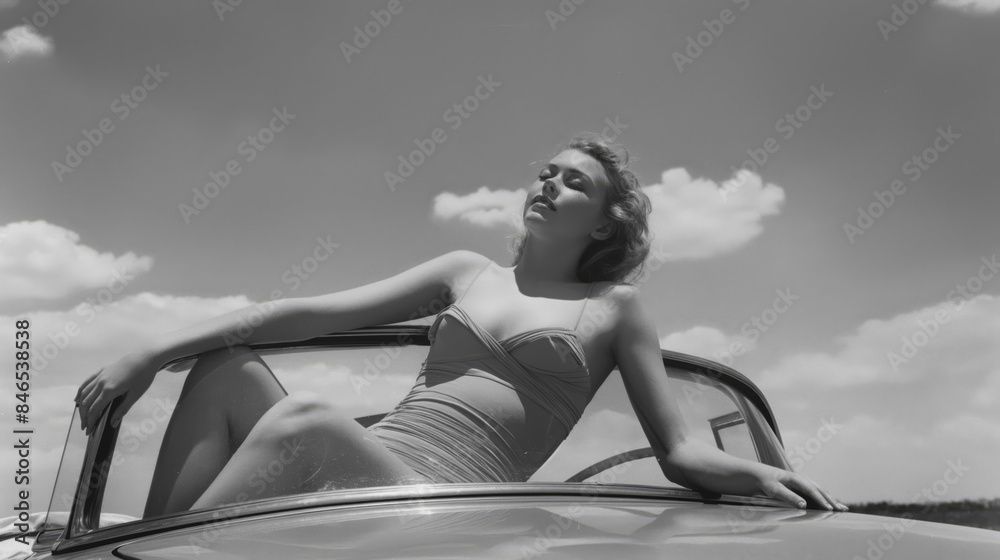 Wall mural Vintage summer dream, a classic black and white retro swimsuit clad woman reclining on the hood of an old-fashioned car. Capturing the beauty of leisure and relaxation in automotive photography