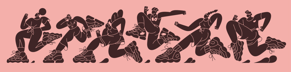 Abstract silhouettes of runners contest. Group of people in sportswear runs fast, rushing to win, victory. Shadow of athletes' crowd jogging in sports competition. Flat contour vector illustration