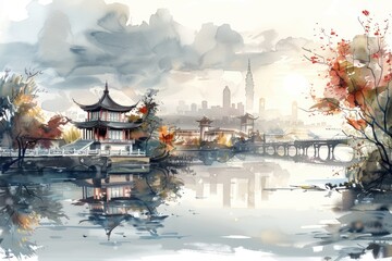 Obraz premium At night, pagodas and pavilions in the city, illustrations