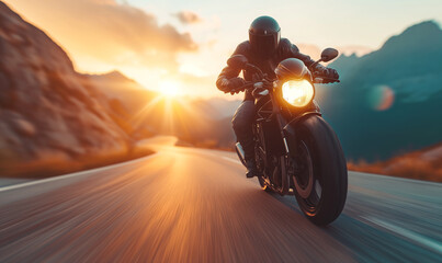 A motorcyclist in a protective red leather suit and helmet rides a sports motorcycle. A biker rides along the road against the backdrop of sunset.