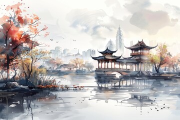 Naklejka premium At night, pagodas and pavilions in the city, illustrations