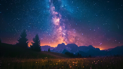 Fototapeta premium Night sky with Milky Way, silhouette of trees