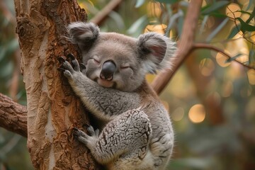 Fototapeta premium AI-generated illustration of a cute koala sleeping on a tree trunk in its natural habitat.