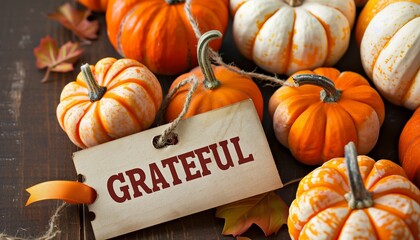 AI-generated illustration of pumpkins with a 'Grateful' tag, for autumn and Thanksgiving themes
