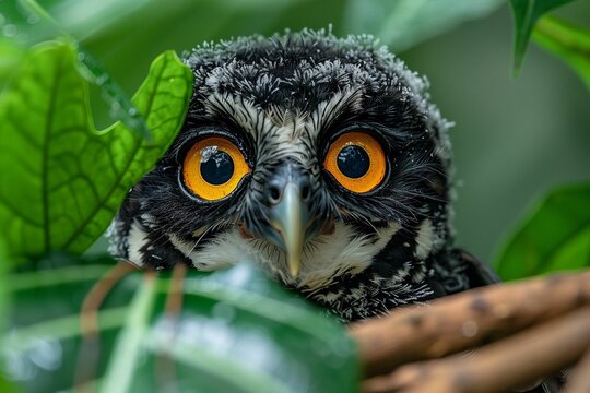 AI-generated illustration of a juvenile spectacled owl with orange eyes looking at the camera