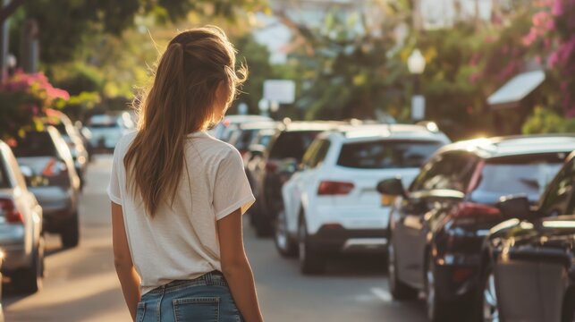 Focused young woman skillfully maneuvers her car into a tight parallel parking space on a sunny city street
