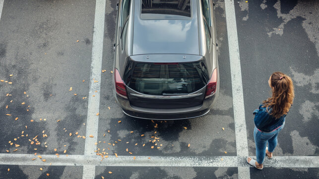 A top view of a focused woman successfully parallel parking her car into a tight urban street space