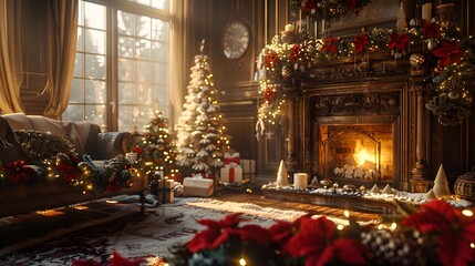 Fototapeta premium Cozy and Elegant Christmas Living Room with Festive Decor and Soft Lighting