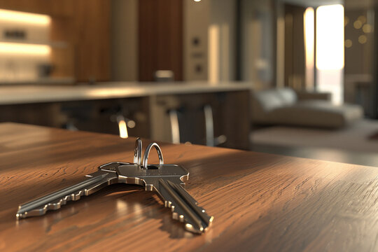 Generative Ai image of a Keys on the table in new apartment or hotel room. Property concept
