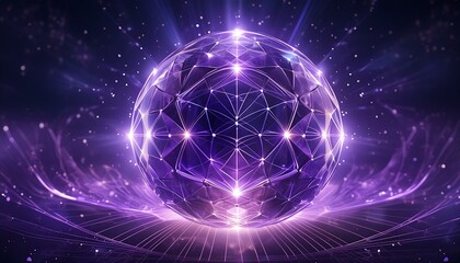 Fototapeta premium Magic abstract crystal purple energy sphere ball with particles and glowing lines on dark background