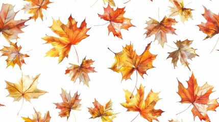 Fototapeta premium Watercolor maple leaves pattern in vibrant orange, yellow, and red tones, isolated on white. Bold and nature-inspired seamless pattern concept.