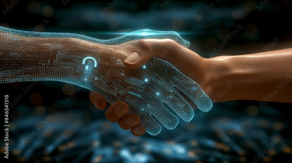 Poster a digital and human hand shaking on a dark abstract background. concept of networking and cybersecur