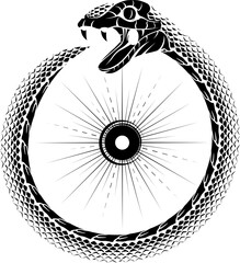 Obraz premium Snake ouroboros or uroboros eating own tail, symbol of infinity from greek mythology, graphic, vector, illustration in black and white color, isolated on white background