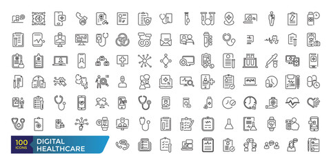 Digital healthcare icon set. Collection and pack of linear web and ui icons. Editable stroke. Vector illustration