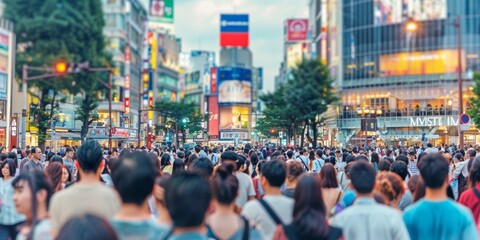 Crowded city street in Tokyo with diverse people and vibrant billboards, capturing the hustle and bustle of urban life. Perfect for cityscape, diversity, and culture themes.