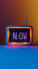 Digital clock with "NOW" illuminated in red, sitting on a desk against a orange and blue gradient background.