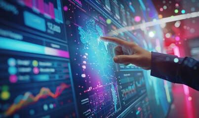 Fototapeta premium E-business data analytics, professionals analyzing colorful charts and graphs on large digital screens