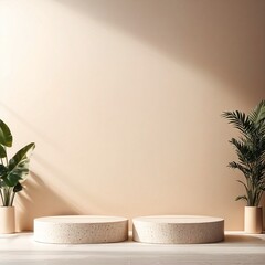 Empty two round terrazzo podium, cosmetic display stand with windows shadow and plant pot on beige background