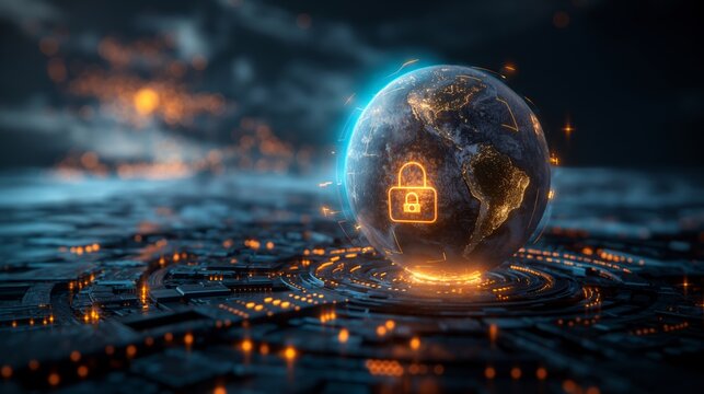 Globe with digital padlock over circuit board, dark background. Concept of global cybersecurity and digital protection. Generative AI