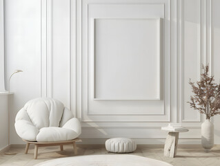 Living room with chair and blank frame mockup on the wall