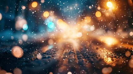 Obraz premium City street at night with blurred lights and reflections on wet pavement. Urban and rainy evening concept.