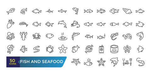 Fish and seafood icon set. Collection and pack of linear web and ui icons. Editable stroke. Vector illustration