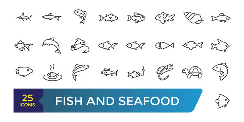 Fish and seafood icon set. Collection and pack of linear web and ui icons. Editable stroke. Vector illustration