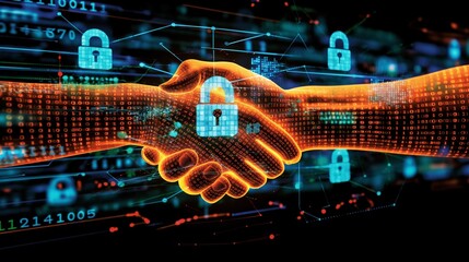 Digital handshake with lock icons, symbolizing secure connections on a dark background. Concept of cybersecurity and blockchain.  Generative AI