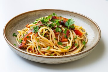 Vibrant Bacon and Whiskey Infused Spaghetti Western Delight in Rustic-Chic Bowl