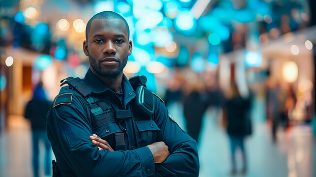 A security guard in uniform standing in a bustling shopping center, colorful blurred lights in the background, concept of security in public places.  Generative AI
